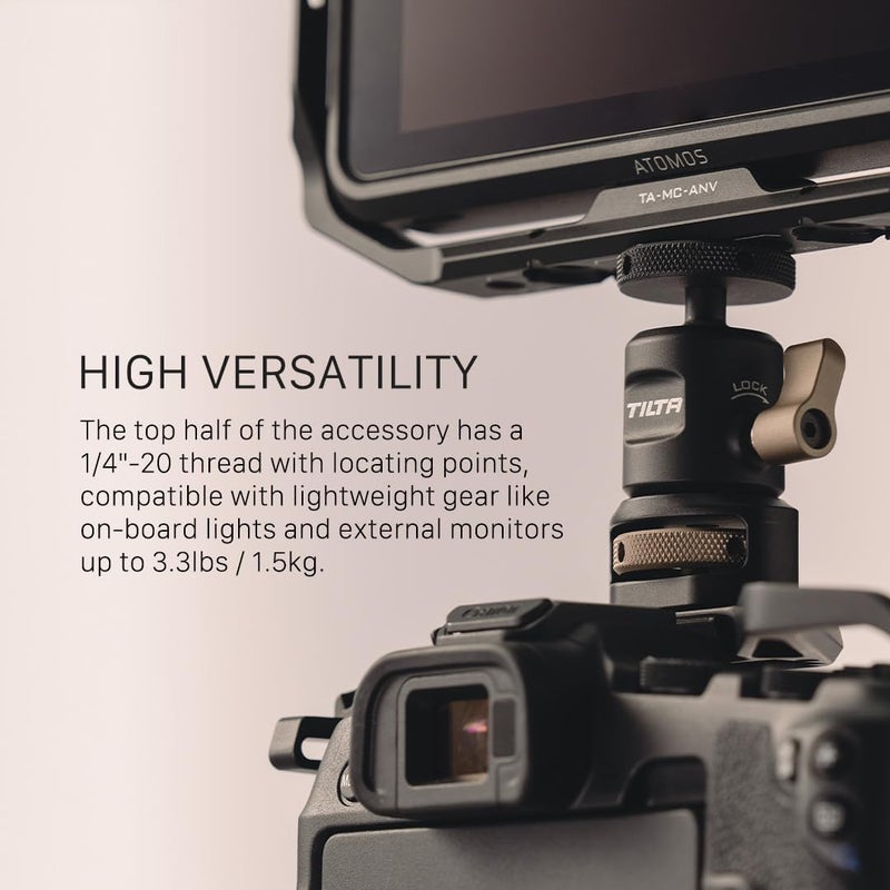Tilta Mini Ball Head Mount | Adjust Angle of External Monitors or On-Board Lights | Ensures Accessories Stay Secure | Easy to Adjust (1/4"-20 with Locating Pins) TA-MBH-1420-B - Image 2